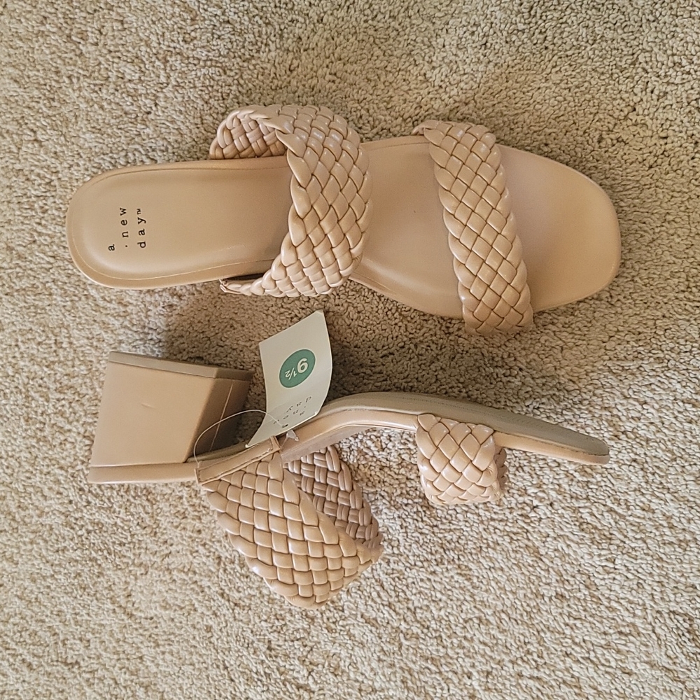 Tan woven block heel sandal